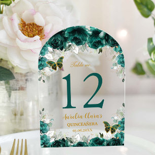 Emerald Floral Gold Quinceañera XV 16 Table Number