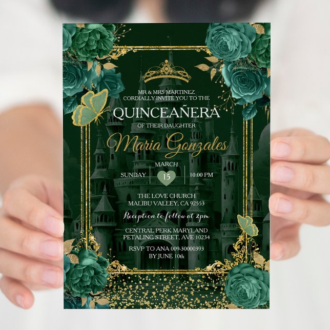 Emerald Floral Green Quinceañera Butterfly  Invitation (Creator Uploaded)
