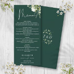 Emerald Floral Greenery Monogram Wedding Dinner Menu<br><div class="desc">This elegant emerald floral botanical greenery leaves wedding menu can be personalized with your information in chic typography with your monogram initials on the reverse. Designed by Thisisnotme©</div>