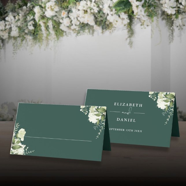 Emerald Floral Greenery Wedding Folded Place Card (Emerald Floral Greenery Wedding Folded Place Card)