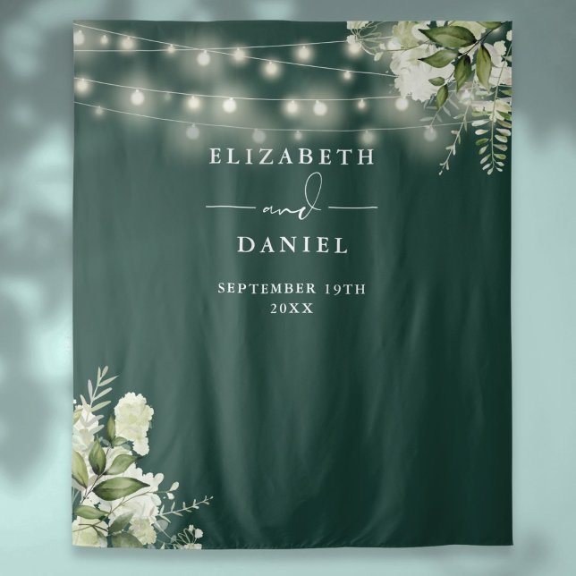 Emerald Floral Lights Wedding Photo Backdrop Tapestry (Emerald Floral Lights Wedding Photo Backdrop)