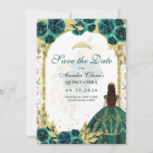 Emerald Floral Princess Gold Arch Quinceanera Announcement