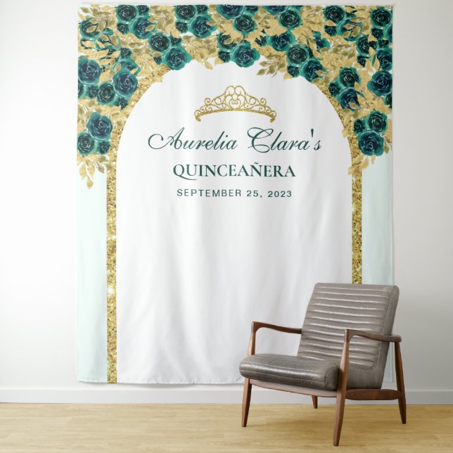 Emerald Floral Princess Gold Arch Quinceanera Tapestry (In Situ)