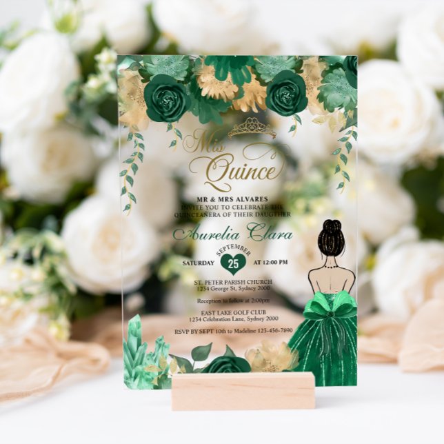 Emerald Floral Princess Mis Quince Quinceañera Acrylic Invitations (Creator Uploaded)