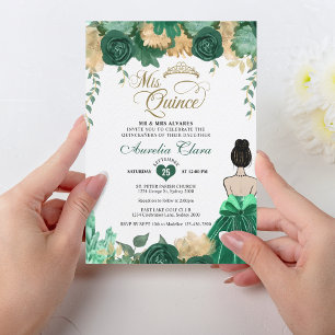 Emerald Floral Princess Mis Quince Quinceañera Invitation