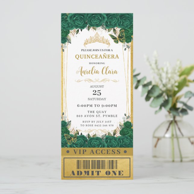 Emerald Floral Quinceañera Sweet 16 VIP Ticket Invitation (Standing Front)