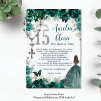 Emerald Floral Silver Quinceañera 15 Prayer Card