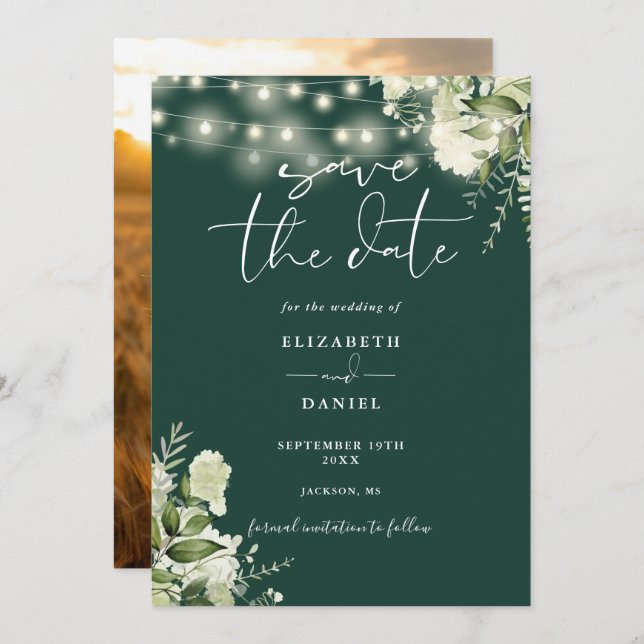 Emerald Floral String Lights Photo Wedding Save The Date (Front/Back)