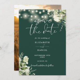 Emerald Floral String Lights Photo Wedding Save The Date