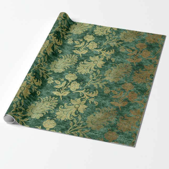 Emerald Floral Velvet Damask Wrapping Paper (Unrolled)