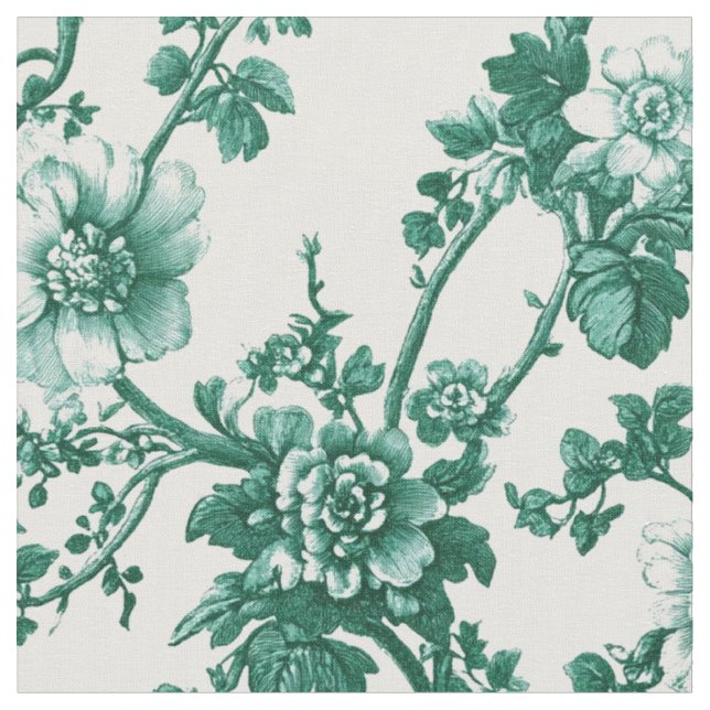 Emerald Floral Vine Toile Fabric (Close Up)