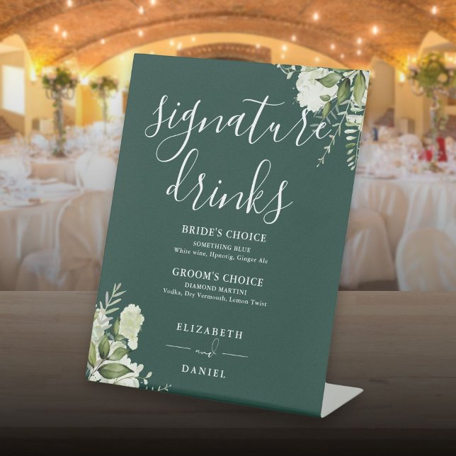 Emerald Floral Wedding Signature Drinks Pedestal Sign (Emerald Floral Wedding Signature Drinks Pedestal Sign)