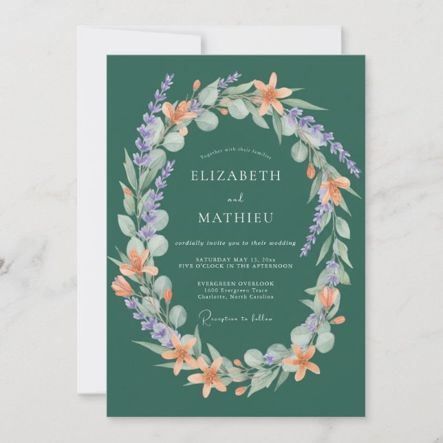 Emerald Floral Wreath Romance Wedding Invitation (Front)