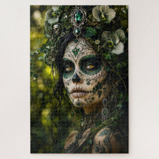 Emerald Forest Calavera – Green Botanical Jigsaw Puzzle