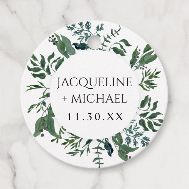Emerald Forest Foliage Watercolor Greenery Bridal  Favour Tags (Front)