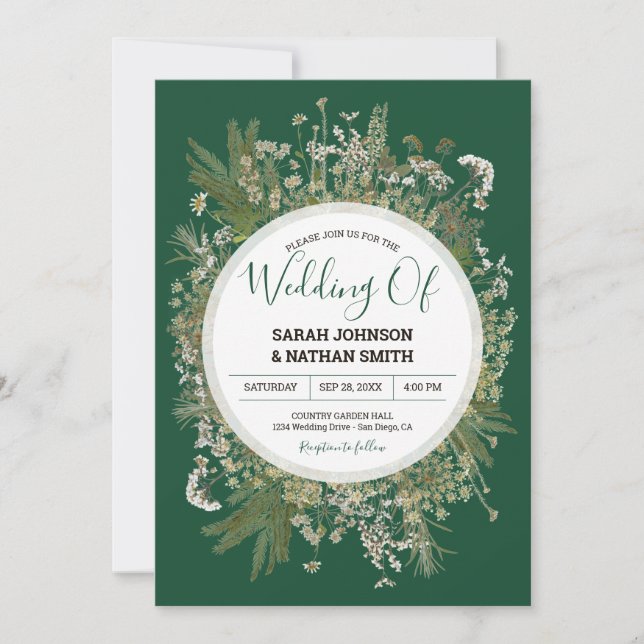 Emerald Forrest Green Faux Pressed Flowers Wedding Invitation (Front)