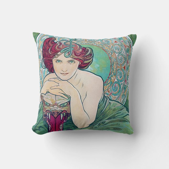 Emerald (Four Jewels), Alphonse Mucha Cushion (Front)
