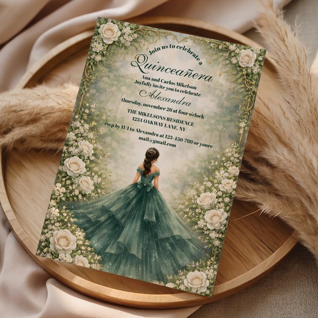 Emerald Garden Rose Quinceañera Invitation (Creator Uploaded)
