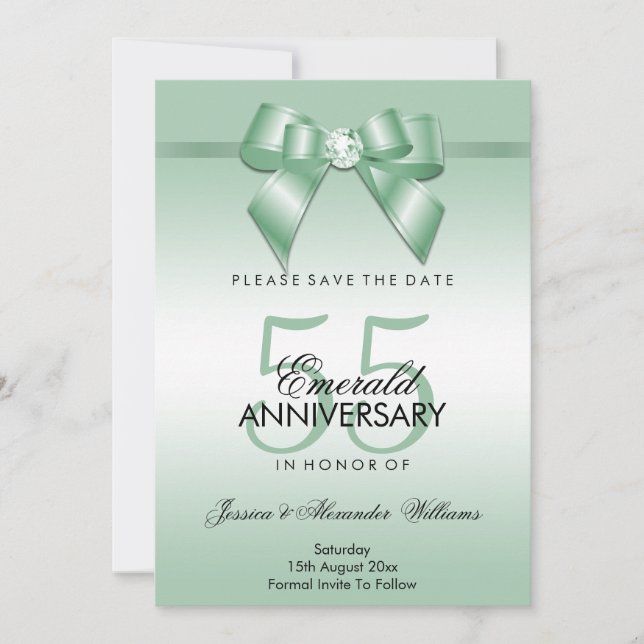 Emerald Gem Bow & Ribbon 55th Wedding Anniversary Save The Date (Front)