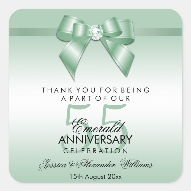 Emerald Gem Bow & Ribbon 55th Wedding Anniversary Square Sticker (Front)