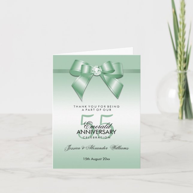 Emerald Gem Bow & Ribbon 55th Wedding Anniversary Thank You Card (Front)