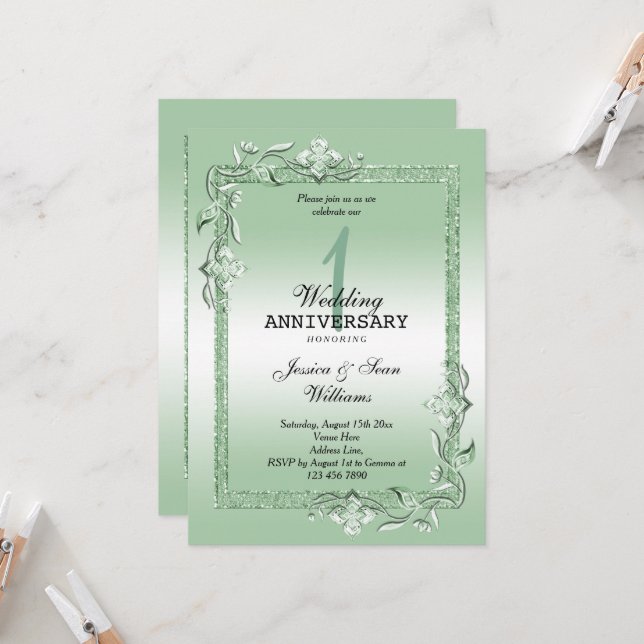 Emerald Gem & Glitter 1st Wedding  Invitation (Front/Back In Situ)