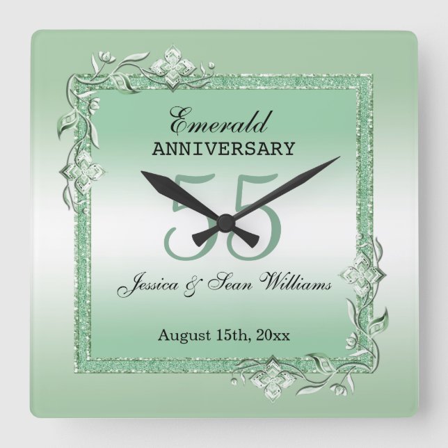 Emerald Gem & Glitter 55th Wedding Anniversary  Square Wall Clock (Front)
