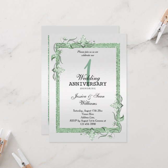 Emerald Gem & Glitter & Platinum 1st Wedding Invitation (Front/Back In Situ)
