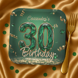Emerald Gemstone Gold Glitter 30th Birthday  Paper Plate