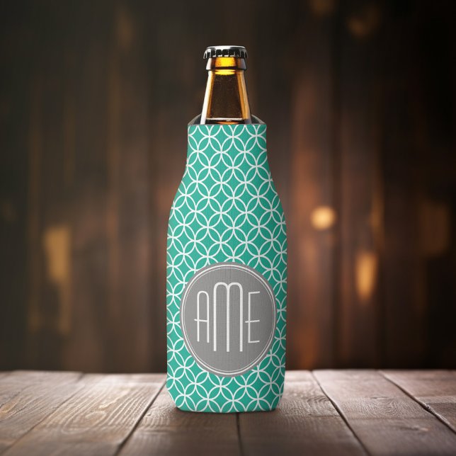 Emerald Geometric Pattern with Monograms Bottle Cooler (Personalized Bottle Cooler - Add Name or Custom Text)