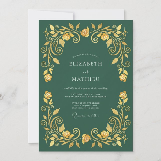 Emerald Gilded Blossom Romance Wedding Invitation (Front)