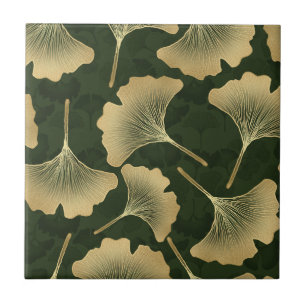 Emerald Ginkgo Elegance – Luxury Gold Botanical 15 Ceramic Tile