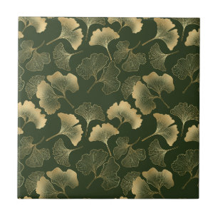 Emerald Ginkgo Elegance – Luxury Gold Botanical 6 Ceramic Tile