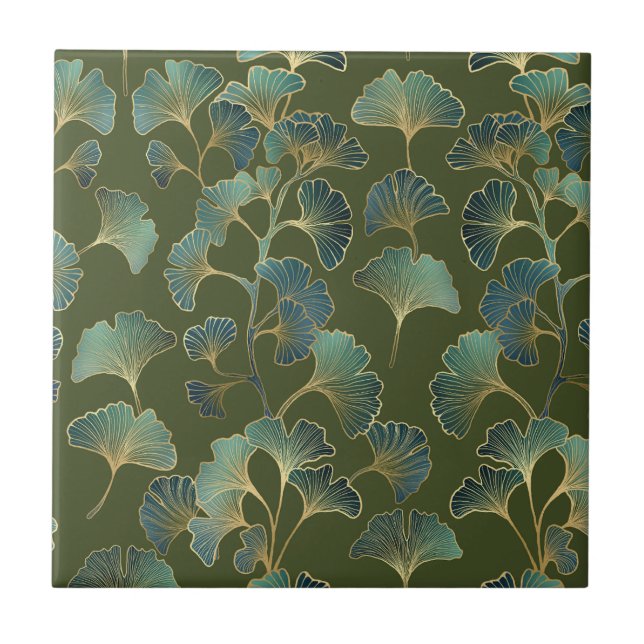 Emerald Ginkgo Elegance – Luxury Gold Botanical Ceramic Tile (Front)