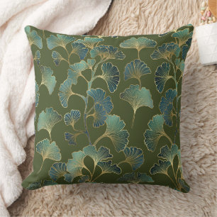 Emerald Ginkgo Elegance – Luxury Gold Botanical Cushion