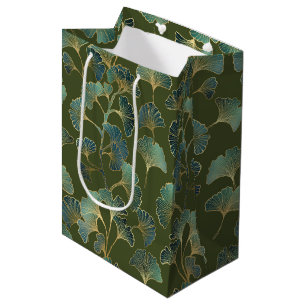Emerald Ginkgo Elegance – Luxury Gold Botanical Medium Gift Bag