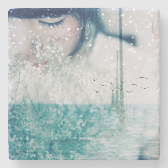 Emerald Girl Green White Shining Ocean Marble Stone Coaster (Front)