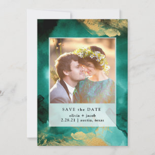 Emerald Glamour Watercolor and Gold Photo Save The Date