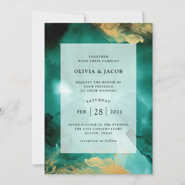 Emerald Glamour | Watercolor and Gold Wedding Invitation (Front)