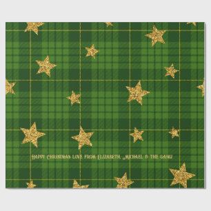 Emerald Glow Tartan Gold Star Personalised Xmas Wrapping Paper