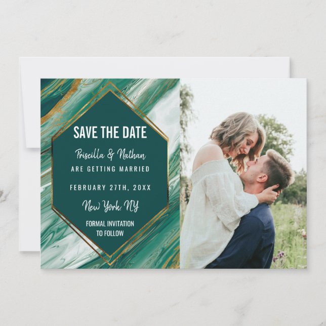 Emerald Gold Abstract Agate Marble Save the Date (Front)