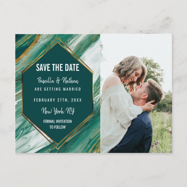 Emerald Gold Abstract Agate Marble Save the Date Announcement Postcard (Front)