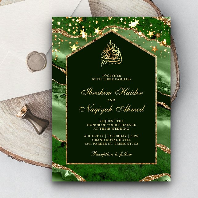 Emerald Gold Agate Marble Arch Muslim Wedding Invitation (Creator Uploaded)