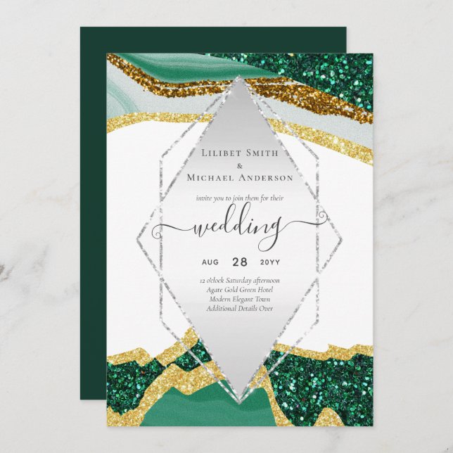 Emerald Gold AGATE - Modern Wedding Invitation (Front/Back)