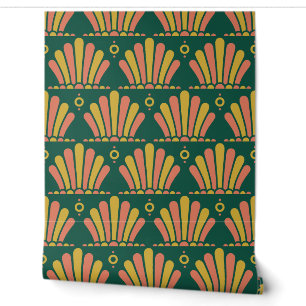 Emerald, Gold and Coral 1920s Art Deco Plume Fan Wallpaper