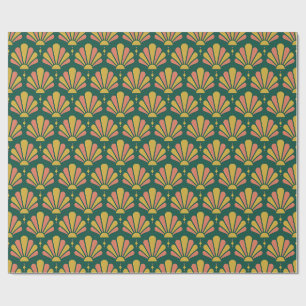 Emerald, Gold and Coral Art Deco Teardrop Fan Wrapping Paper