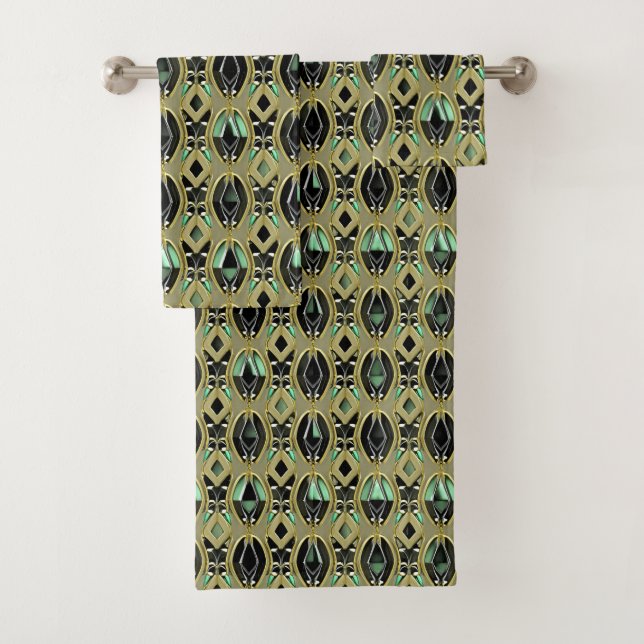 Emerald & Gold Art Deco Bath Towel Set (Insitu)
