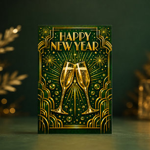 Emerald Gold Art Deco Champagne Celebration Holiday Card