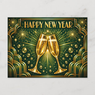 Emerald Gold Art Deco Champagne Celebration Holiday Postcard