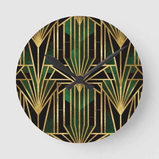 Emerald Gold Art Deco Glamour Round Clock (Front)